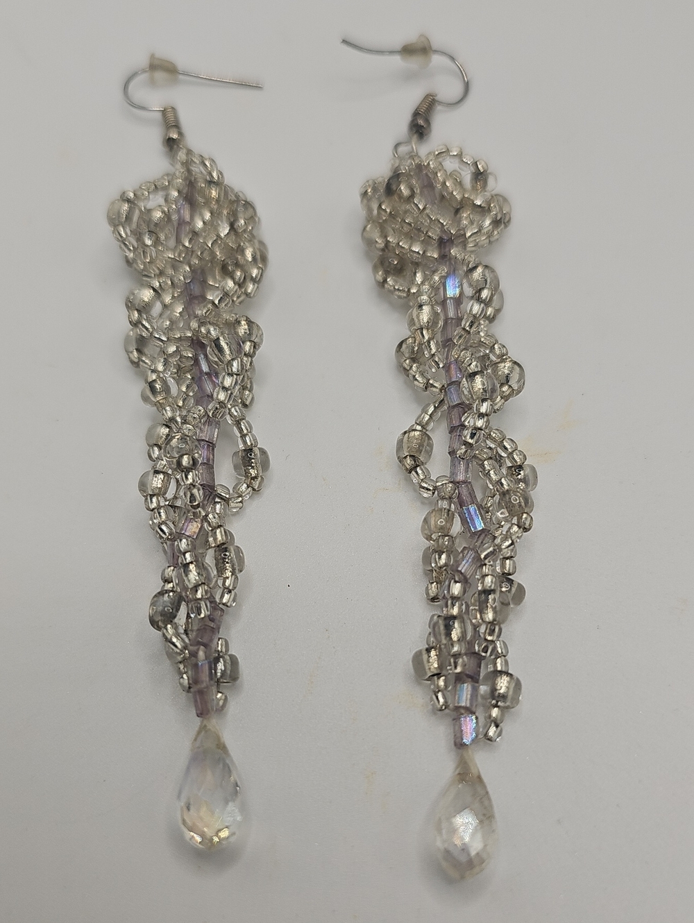 Handmade Silver Seed Beaded Dangle Earrings with Crystal Drops.